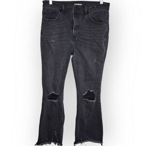 Express Women's Cropped High Rise Bell Flare Jeans Black Distressed Denim sz 6